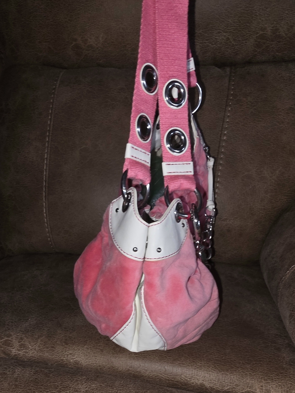 Juicy Couture Pink Suede Hobo Bag with White Trim